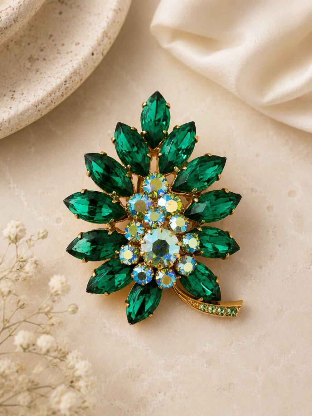Vintage Emerald Green Navette Rhinestone Floral Spray Brooch Pin Gold Tone